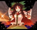  cape clenched_hand grin hair_ribbon red_eyes reiuji_utsuho ribbon smile solo touhou vica wings 