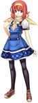  black_legwear blue_eyes commentary cross_edge dress full_body hairband headband highres hirano_katsuyuki meu_(spectral_souls) official_art pantyhose red_hair scarf short_hair simple_background smile solo spectral_(series) spectral_souls standing 