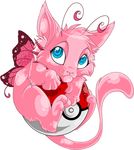  blue_eyes butterfly_wings closed_mouth cosplay darkuangel full_body gen_1_pokemon head_fins holding holding_poke_ball looking_at_viewer mew mew_(cosplay) no_humans numa_(species) original pink pink_fur pink_hair poke_ball pokemon pokemon_(creature) simple_background smile solo toon white_background wings 