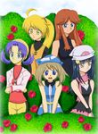  bandana black_dress blonde_hair blue_(pokemon) blue_eyes blue_hair crystal_(pokemon) dress hat long_hair multiple_girls nintendo odamaki_sapphire platinum_berlitz pokemon pokemon_special short_hair skirt suitekachan yellow_(pokemon) yellow_eyes 