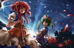  blue_eyes breasts cleavage flower green_hair hair_bobbles hair_ornament hat medium_breasts mikan_(bananoha) multiple_girls onozuka_komachi red_eyes red_hair rod_of_remorse scythe shiki_eiki short_hair spider_lily touhou two_side_up 
