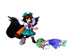  animated animated_gif cape daime_fusonzai game_sprite hokuto_no_ken hokuto_no_ken_shinpan_no_sousousei_kengou_retsuden kochiya_sanae lowres multiple_girls parody reiuji_utsuho souther touhou transparent_background victory_pose 