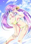  anklet bad_id bad_pixiv_id bikini day flower green_eyes hair_flower hair_ornament jewelry long_hair one_eye_closed original purple_hair smile solo sunflower swimsuit sys.ao twintails very_long_hair yuyi 
