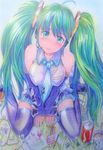  ahoge aqua_eyes aqua_hair bad_id bad_pixiv_id blush can candy colored_pencil detached_sleeves eraser food from_above hatsune_miku headphones headset long_hair mayo_riyo mechanical_pencil necktie no_nose pen pencil sitting skirt solo spring_onion tears thighhighs traditional_media twintails very_long_hair vocaloid wooden_pencil zettai_ryouiki 