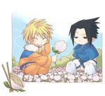  black_eyes black_hair blonde_hair chibi chopsticks closed_eyes flower male_focus multiple_boys naruto naruto_(series) uchiha_sasuke uzumaki_naruto zetallis 