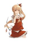  ascot ayasekira blonde_hair bow dress flandre_scarlet hair_bow long_hair red_dress red_eyes simple_background solo touhou white_background wings 