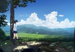  2015 aoyama_sumika arms_behind_back artist_name bag black_hair black_legwear black_skirt blouse blue_sky cloud coffee-kizoku day field forest from_side grass hill holding holding_bag kneehighs landscape nature original outdoors rock scenery school_bag school_uniform shade short_hair skirt sky solo sunlight torii tree tree_shade valley white_blouse 