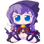  1girl amulet artist_request bell blue_eyes blush braid chains chibi cloak cuffs curse_maker female hood long_hair lowres purple_hair pussy sekaiju_no_meikyuu sggg siting sitting solo spread_legs thigh_strap twin_braids twintails uncensored wariza 