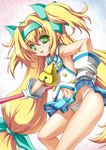  :d armpits bell bell_collar blazblue blonde_hair bow collar gloves green_eyes hair_bow hairband highres long_hair midriff navel open_mouth panties pantyshot platinum_the_trinity quad_tails roura sleeveless smile solo staff underwear very_long_hair 