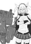  bandages cannon cape collar crossed_arms dark_skin glasses gloves greyscale headband highres kantai_collection looking_at_viewer messy_hair miniskirt monochrome musashi_(kantai_collection) niwatazumi pointy_hair sarashi short_twintails sketch skirt smile solo thighhighs twintails 