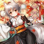  album_cover animal_ears blush breasts bridal_gauntlets cover detached_sleeves hat highres inubashiri_momiji japanese_clothes kei_kei kourindou_tengu_costume leaf looking_at_viewer maple_leaf medium_breasts obi red_eyes sash short_hair silver_hair smile solo tail tokin_hat touhou wolf_ears wolf_tail 