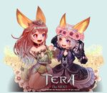  animal_ears bare_shoulders brown_hair copyright_name detached_sleeves dress elin_(tera) flower fox_ears gloves head_wreath heterochromia jacket leotard long_hair multiple_girls no_tail official_art open_mouth short_hair silver_hair sitting smile stella9708 syona tera_online tiara zolyn 