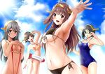  :d armpits bad_id bad_pixiv_id bikini black_hair blue_eyes blue_sky blush breasts brown_eyes brown_hair cleavage cloud commentary_request competition_school_swimsuit covered_navel cowboy_shot day glasses groin haruna_(kantai_collection) headgear hiei_(kantai_collection) innertube kantai_collection kirishima_(kantai_collection) kongou_(kantai_collection) long_hair looking_at_viewer medium_breasts momochieri multiple_girls navel one-piece_swimsuit open_mouth outstretched_arm short_hair side-tie_bikini sideboob sky slingshot_swimsuit smile swimsuit underboob 