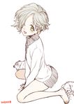  barefoot blush dated fang full_body gokotai gokotai's_tigers hair_over_one_eye male_focus open_mouth shorts simple_background solo sumeragi_kohaku tiger tiger_cub touken_ranbu white_background 