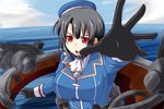  ascot beret black_gloves black_hair breasts gloves hat kantai_collection large_breasts machinery nishi_koutarou open_mouth red_eyes short_hair solo takao_(kantai_collection) upper_body water 