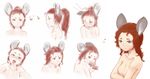  1girl animal_ears bread breasts brown_hair drooling food grey_eyes long_hair looking_at_viewer looking_back mithril mouse_ears nipples nude one_eye_closed open_mouth petting saliva simple_background small_breasts smile solo_focus wavy_hair white_background 