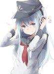  anchor_symbol beamed_sixteenth_notes blue_eyes blush eighth_note flat_cap hands_on_headphones hat headphones hibiki_(kantai_collection) kantai_collection long_hair long_sleeves musical_note roll_okashi school_uniform serafuku silver_hair simple_background smile solo white_background 