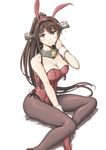  animal_ears breasts brown_eyes brown_hair bunny_ears bunnysuit cleavage kantai_collection large_breasts long_hair pantyhose ponytail solo vent_arbre wrist_cuffs yamato_(kantai_collection) 