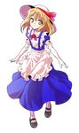  alphes_(style) apron blonde_hair bow dairi dress full_body gloves hat hat_bow hat_ribbon highres kana_anaberal looking_at_viewer parody ribbon short_hair solo style_parody sun_hat touhou touhou_(pc-98) transparent_background yellow_eyes 