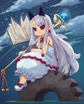  albino black_sclera book cloud dress earrings full_body horns jewelry long_hair mizuno_mumomo phantom_kingdom pointy_ears pram red_eyes shoes sitting sky smile solo staff white_dress white_footwear white_hair 