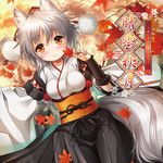  album_cover animal_ears blush breasts bridal_gauntlets cover detached_sleeves hat inubashiri_momiji japanese_clothes kei_kei kourindou_tengu_costume leaf looking_at_viewer maple_leaf medium_breasts obi red_eyes sash short_hair silver_hair smile solo tail tokin_hat touhou wolf_ears wolf_tail 