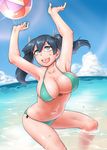  ball beach beachball bikini blue_eyes blue_hair breasts cleavage cloud day kantai_collection large_breasts navel ocean open_mouth outdoors sky smile solo souryuu_(kantai_collection) sun swimsuit toritora twintails water 