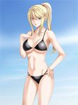  bikini blonde_hair blue_eyes breasts collarbone day highres large_breasts long_hair metroid navel ponytail samus_aran sky solo swimsuit tamamon 