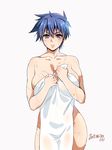  blue_eyes blue_hair blush breasts covering dirty_face fire_emblem fire_emblem:_souen_no_kiseki genderswap genderswap_(mtf) highres ike large_breasts nude_cover scar short_hair solo towel yajiro_masaru 