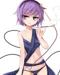  arai_togami bags_under_eyes d: eyelashes frown highres kiseru komeiji_satori looking_at_viewer lowleg makeup navel open_mouth pipe purple_eyes purple_hair short_hair skinny smoking solo swimsuit touhou v-shaped_eyebrows 