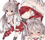  ass blush bow covering covering_breasts fang fujiwara_no_mokou greatmosu hair_bow highres long_hair open_mouth panties pants pregnancy_test red_eyes silver_hair solo suspenders torn_clothes touhou underwear very_long_hair white_panties 