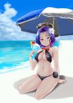  beach bikini day drink highres kantai_collection mechanical_halo niwatori_(syumi10) purple_eyes purple_hair short_hair sipping solo swimsuit tatsuta_(kantai_collection) umbrella 