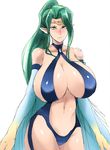  alternate_breast_size bare_shoulders bird_wings blue_leotard blush breasts brooch center_opening circlet cleavage cowboy_shot duel_monster feathered_wings feathers frown garter_straps green_hair halterneck harpie_queen harpy high_ponytail hips huge_breasts jewelry leotard long_hair looking_at_viewer monster_girl navel nose_blush ogura_anko pointy_ears ponytail revealing_clothes sideboob sidelocks simple_background sketch solo turtleneck very_long_hair white_background wings yellow_eyes yuu-gi-ou 