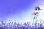  bare_shoulders blue_hair blue_sky breasts closed_eyes commentary_request couple dress fairy_maid grass hat large_breasts long_hair multiple_girls nagae_iku pink_hair ponytail short_hair size_difference sky smile touhou white_dress yohane 