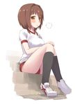  1girl absolute_duo blush breasts brown_hair hotaka_miyabi open_mouth shoes short_hair shorts simple_background socks solo 