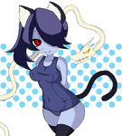  1girl blue_skin breasts cat_ears hair_over_one_eye leviathan_(skullgirls) misaki_naoe polka_dot_background red_eyes side_ponytail simple_background skullgirls squigly_(skullgirls) stitched_mouth swimsuit tail thighhighs zombie 