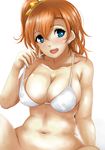  :d bangs bikini blue_eyes bow breasts brown_hair cleavage covered_nipples hair_between_eyes hair_bow halterneck highres kousaka_honoka large_breasts looking_at_viewer love_live! love_live!_school_idol_project navel nonoririn one_side_up open_mouth orange_hair short_hair smile solo strap_pull swimsuit white_bikini_top yellow_bow 