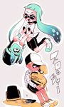  1girl ;d ^_^ ^o^ baseball_cap bike_shorts bucket closed_eyes domino_mask glasses grey_background hat inkling jikuno looking_at_another mask navel one_eye_closed open_mouth pointy_ears shirt shoes short_sleeves simple_background slosher_(splatoon) smile splatoon_(series) splatoon_1 squid tentacle_hair white_shirt 