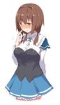  1girl absolute_duo blush breasts brown_hair frills hotaka_miyabi orange_eyes school_uniform short_hair simple_background skirt solo 