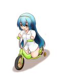  1girl amputee bicycle blue_hair blush brown_eyes dress_shirt hairband mikeysukairain open_mouth panties quadruple_amputee shadow shirt simple_background solo striped_panties tharitkung training_wheels underwear white_background white_shirt 