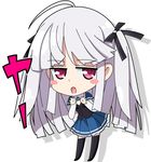  1girl absolute_duo ahoge blush breasts chibi frills grey_hair hair_ornament long_hair open_mouth pink_eyes school_uniform shoes simple_background skirt solo thighhighs twintails yurie_sigtuna 