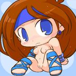  1girl arm_support artist_request blue_eyes blush bracelet breasts brown_hair chibi diane_(monster_maker) earring female headband jewelry long_hair lowres monster_maker navel nipples nude pussy sggg siting sitting solo spread_legs uncensored 