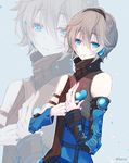  androgynous bare_shoulders belt_buckle blue_eyes buckle commentary_request detached_sleeves frown grey_background grey_hair hair_between_eyes hands_on_own_chest headphones heart high_collar looking_at_viewer male_focus numi_(sin) solo twitter_username zoom_layer 