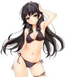  alternate_costume arm_up armpits bikini black_bikini black_hair blush breasts contrapposto cowboy_shot hair_ribbon hand_on_own_head harino646 highres isokaze_(kantai_collection) kantai_collection long_hair looking_at_viewer low-tied_long_hair navel red_eyes ribbon side-tie_bikini simple_background small_breasts smile solo standing swimsuit thigh_ribbon white_background 