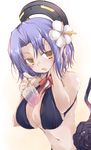  :o bikini blush drinking_straw flower glass hair_flower hair_ornament kantai_collection mechanical_halo purple_hair short_hair simple_background solo swimsuit tatsuta_(kantai_collection) yellow_eyes yumesato_makura 