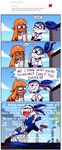  2015 animal_humanoid blue_hair brush cephalopod cephalopod_humanoid clothed clothing comic dialogue duo english_text female hair hi_res humanoid humanoid_pointy_ears humor ink inkling inkling_boy inkling_girl male marine marine_humanoid mollusk mollusk_humanoid nintendo orange_hair paintbrush pseudo_hair singing splatoon tamarinfrog tentacle_hair tentacles text 