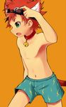  animal_ears bell boxers bulge cat_ears fang goggles goggles_on_head green_eyes ikutsuki jingle_bell male_focus male_underwear no_nipples orange_background original red_hair solo spiked_hair tail underwear 