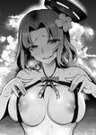  bad_id bad_pixiv_id breasts flower greyscale hair_flower hair_ornament halftone heavy_breathing hibiscus kantai_collection large_breasts mechanical_halo monochrome nakasone_haiji nipples open_mouth short_hair solo sweat tatsuta_(kantai_collection) 