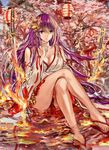  bare_legs bell blue_eyes breasts cherry_blossoms cleavage crossed_legs fire hair_bell hair_ornament hand_on_own_chin japanese_clothes jingle_bell katana lantern large_breasts long_hair looking_at_viewer nagata_ozu original partially_submerged purple_hair reflection sitting slippers solo sword water weapon 