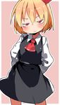  angry arms_behind_back ascot blonde_hair blush cowboy_shot dress glaring gomibox hair_ribbon looking_at_viewer red_eyes ribbon rumia short_hair simple_background solo touhou 