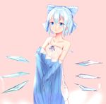  :o bangs blue_bow blue_dress blue_eyes blue_hair bow camisole cirno collarbone cowboy_shot dress hair_between_eyes hair_bow half_updo highres homo_1121 large_bow looking_away pink_background shiny shiny_hair short_hair simple_background sketch solo standing strap_slip tareme touhou undershirt undressing wet wet_clothes wings 
